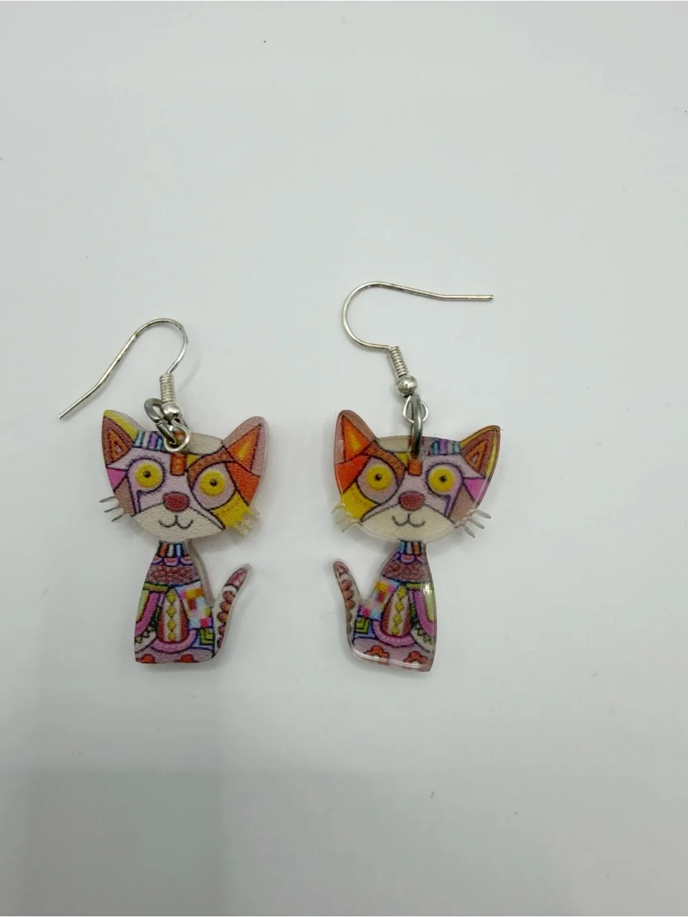 Colorful Cat Earrings | Patchwork Acrylic Mosaic Feline Dangles